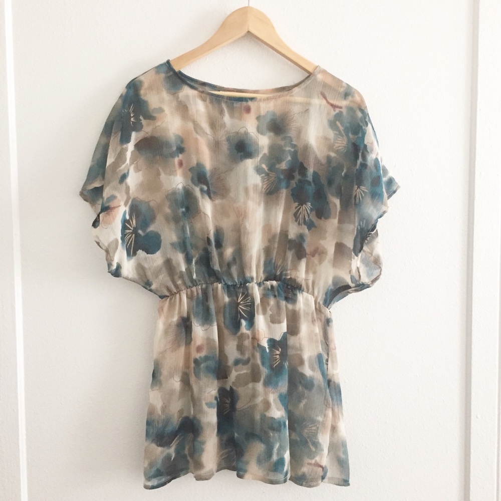 Tramp Semi-Sheer Flowy Patterned Top - Tan Cream Teal Blue - Small